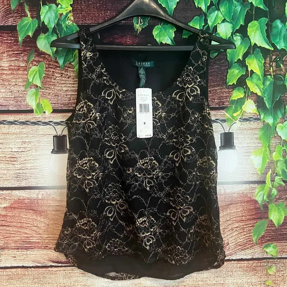 Lauren Ralph Lauren Blouse Top 8 Sleeveless Floral Gold New Year Lined Workwear